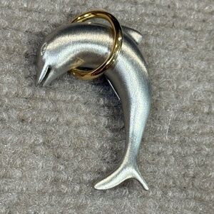 Vintage Silver and Gold Tone‎ LR Dolphin Jump Gold Ring Hoop Brooch Pin